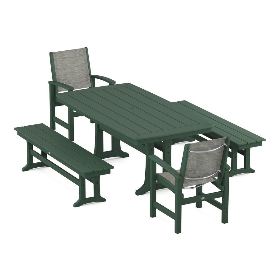 POLYWOOD Coastal 5-Piece Dining Set with Trestle Legs in Green / Onyx Sling