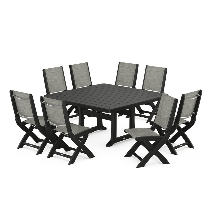 POLYWOOD Coastal Folding Side Chair 9-Piece Dining Set with Trestle Legs in Black / Onyx Sling