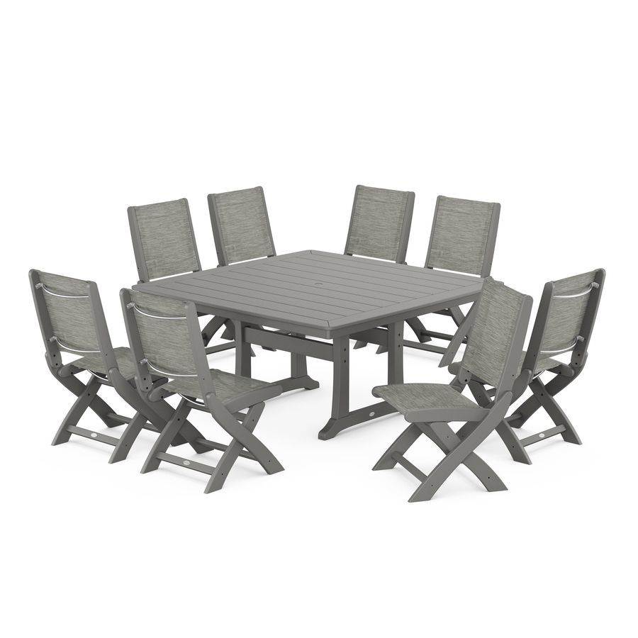 POLYWOOD Coastal Folding Side Chair 9-Piece Dining Set with Trestle Legs in Slate Grey / Onyx Sling