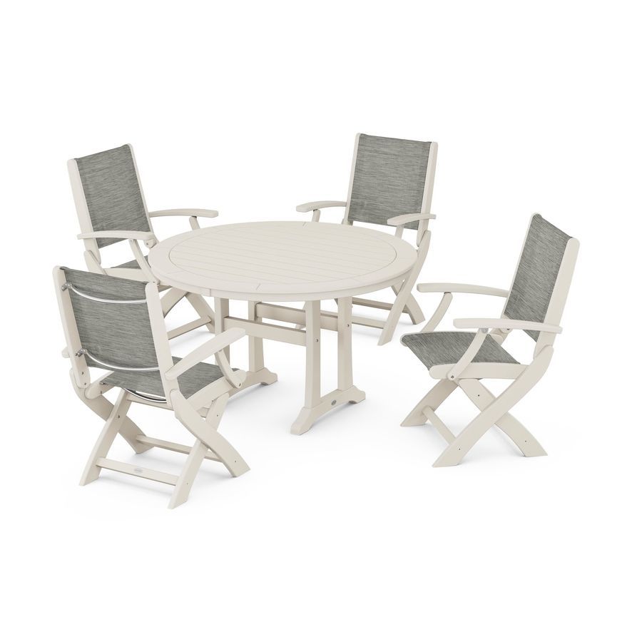 POLYWOOD Coastal Folding Chair 5-Piece Round Dining Set with Trestle Legs in Sand / Onyx Sling