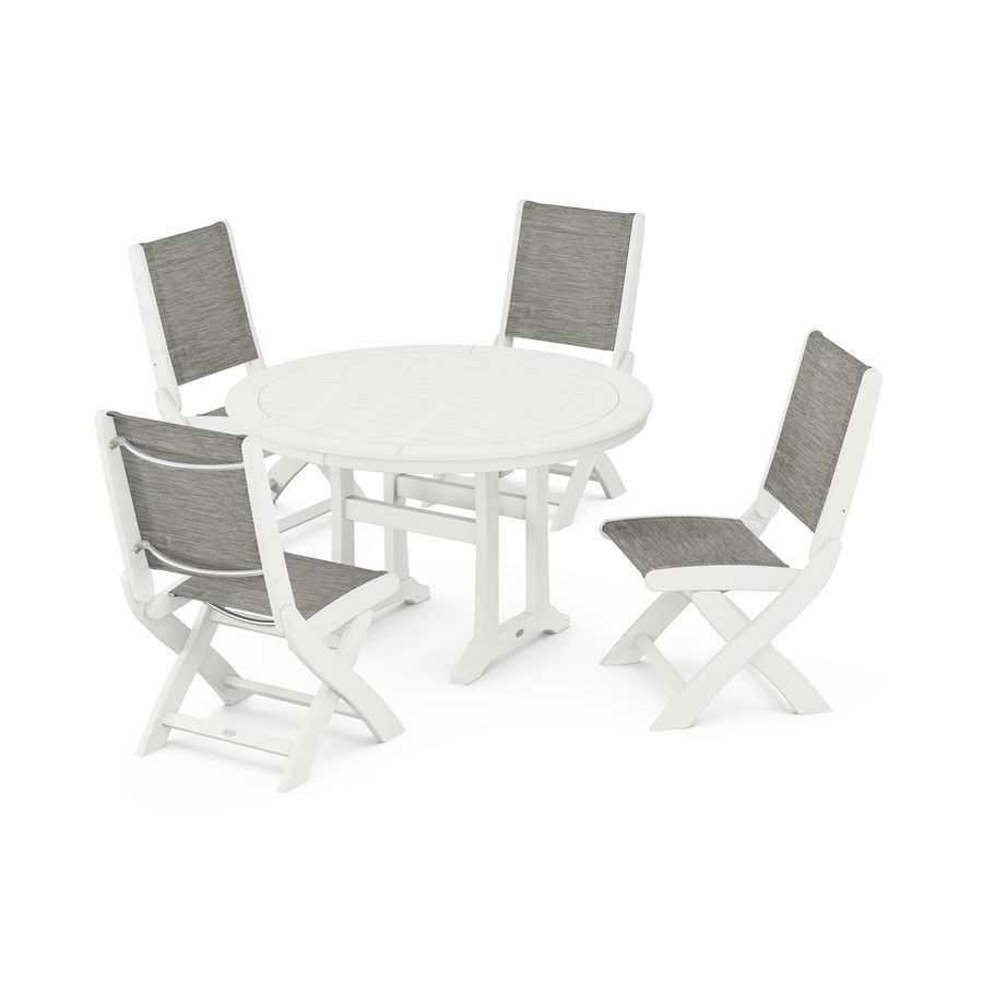 POLYWOOD Coastal Folding Side Chair 5-Piece Round Dining Set With Trestle Legs in White / Onyx Sling