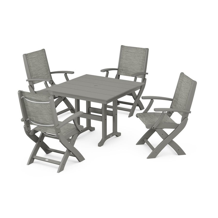 POLYWOOD Coastal Folding Chair 5-Piece Farmhouse Dining Set in Slate Grey / Onyx Sling