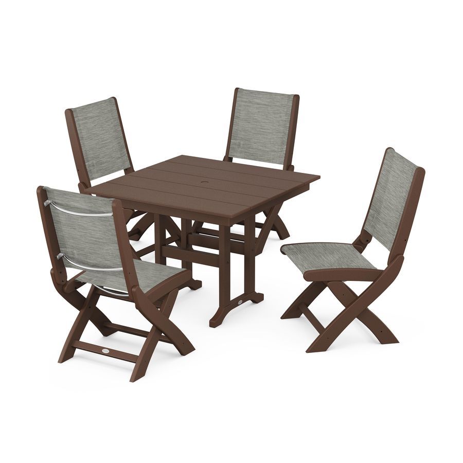 POLYWOOD Coastal Folding Side Chair 5-Piece Farmhouse Dining Set in Mahogany / Onyx Sling