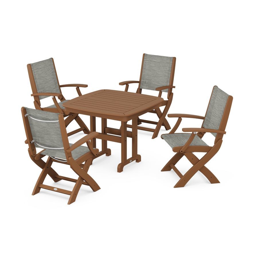 POLYWOOD Coastal Folding Chair 5-Piece Dining Set in Teak / Onyx Sling