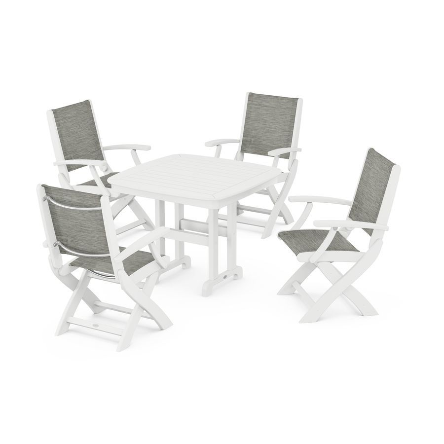 POLYWOOD Coastal Folding Chair 5-Piece Dining Set in White / Onyx Sling