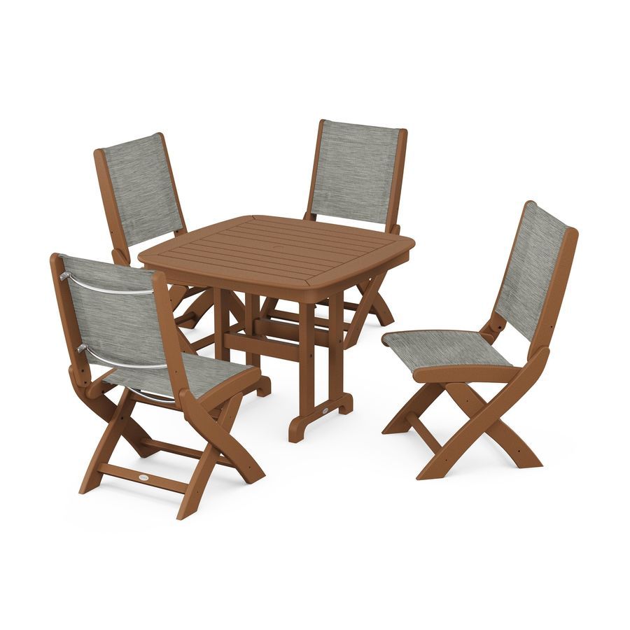 POLYWOOD Coastal Folding Side Chair 5-Piece Dining Set in Teak / Onyx Sling