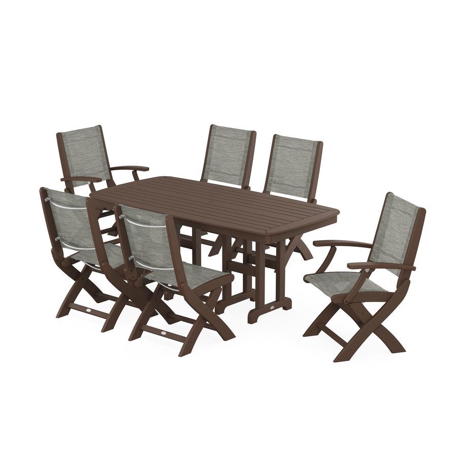 POLYWOOD Coastal Folding Chair 7-Piece Dining Set in Mahogany / Onyx Sling