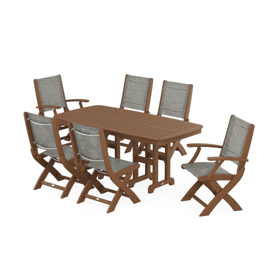 POLYWOOD Coastal Folding Chair 7-Piece Dining Set in Teak / Onyx Sling