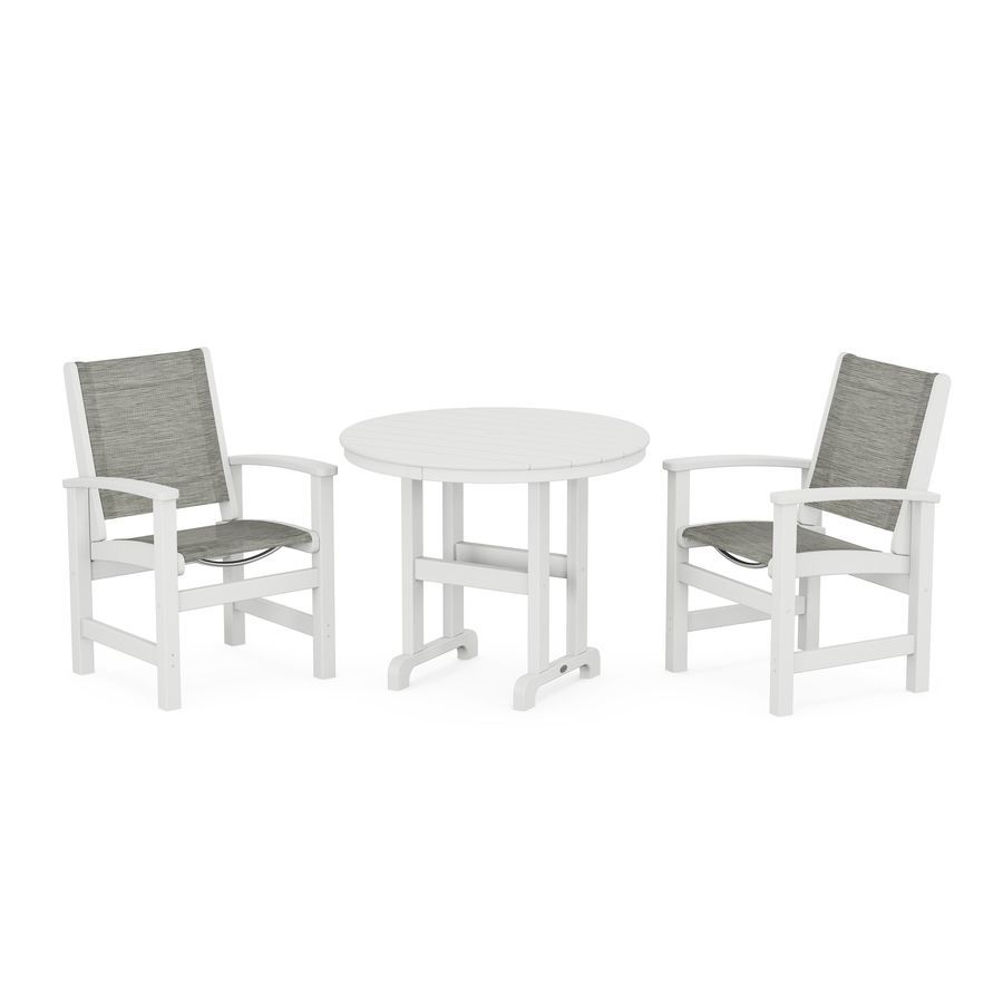 POLYWOOD Coastal 3-Piece Round Dining Set in White / Onyx Sling