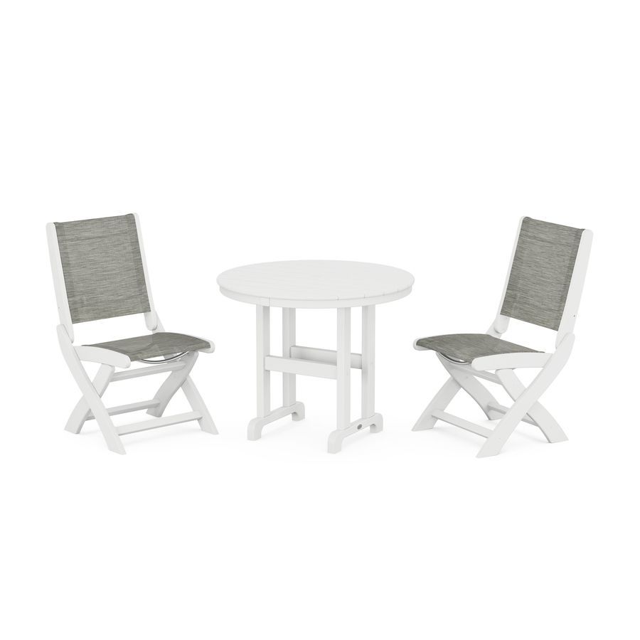 POLYWOOD Coastal Folding Side Chair 3-Piece Round Dining Set in White / Onyx Sling