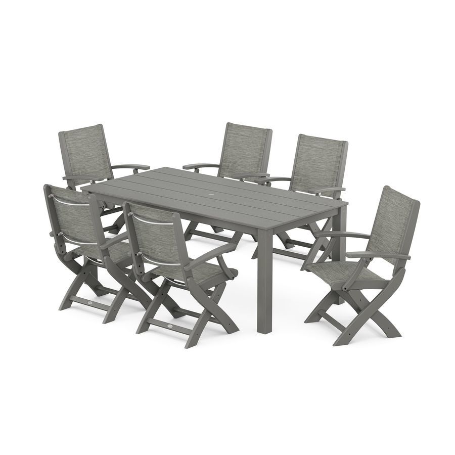 POLYWOOD Coastal Folding Chair 7-Piece Parsons Dining Set in Slate Grey / Onyx Sling