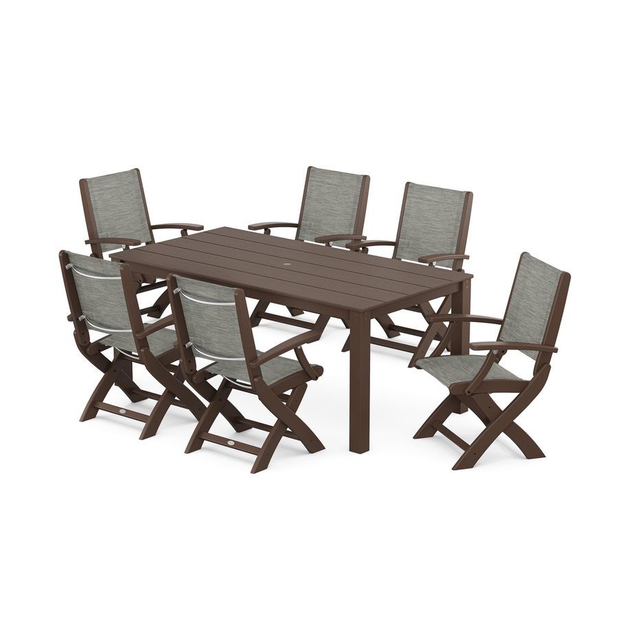 POLYWOOD Coastal Folding Chair 7-Piece Parsons Dining Set in Mahogany / Onyx Sling