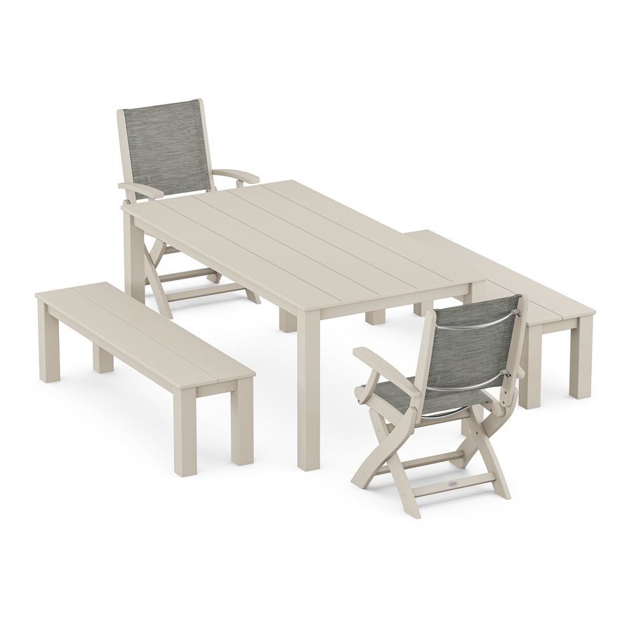 POLYWOOD Coastal Folding Chair 5-Piece Parsons Dining Set with Benches in Sand / Onyx Sling