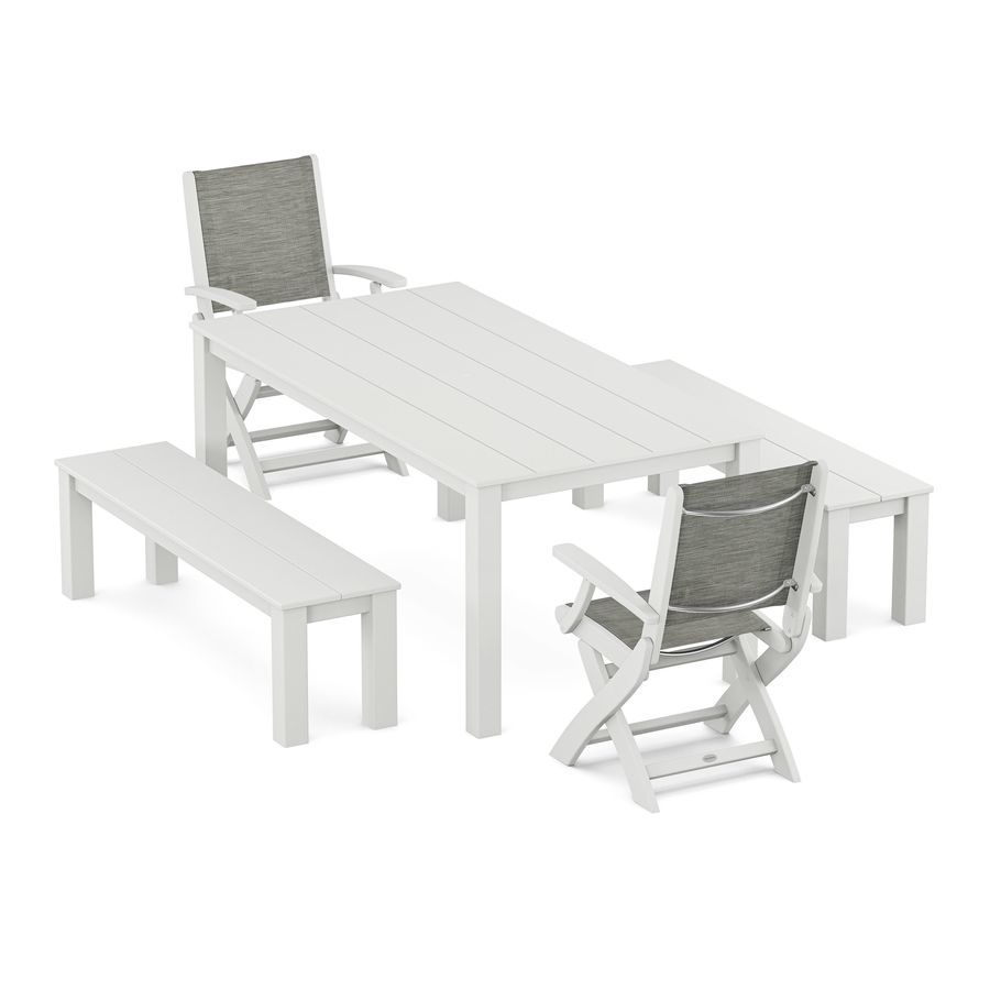 POLYWOOD Coastal Folding Chair 5-Piece Parsons Dining Set with Benches in White / Onyx Sling