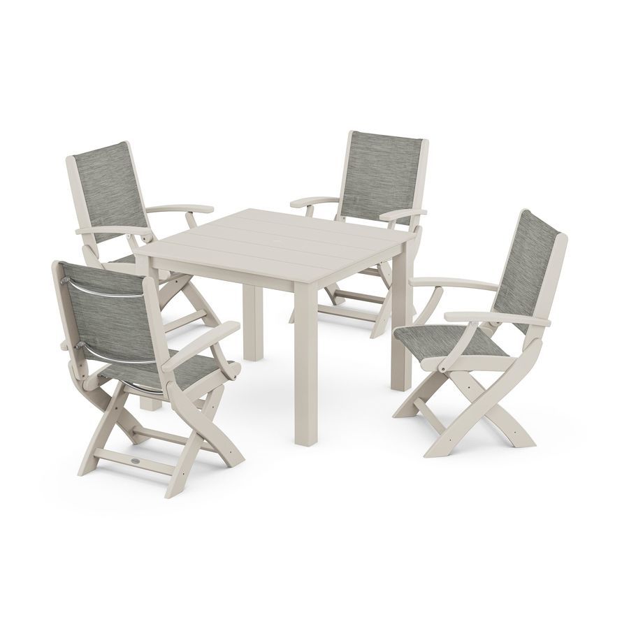 POLYWOOD Coastal Folding Chair 5-Piece Parsons Dining Set in Sand / Onyx Sling