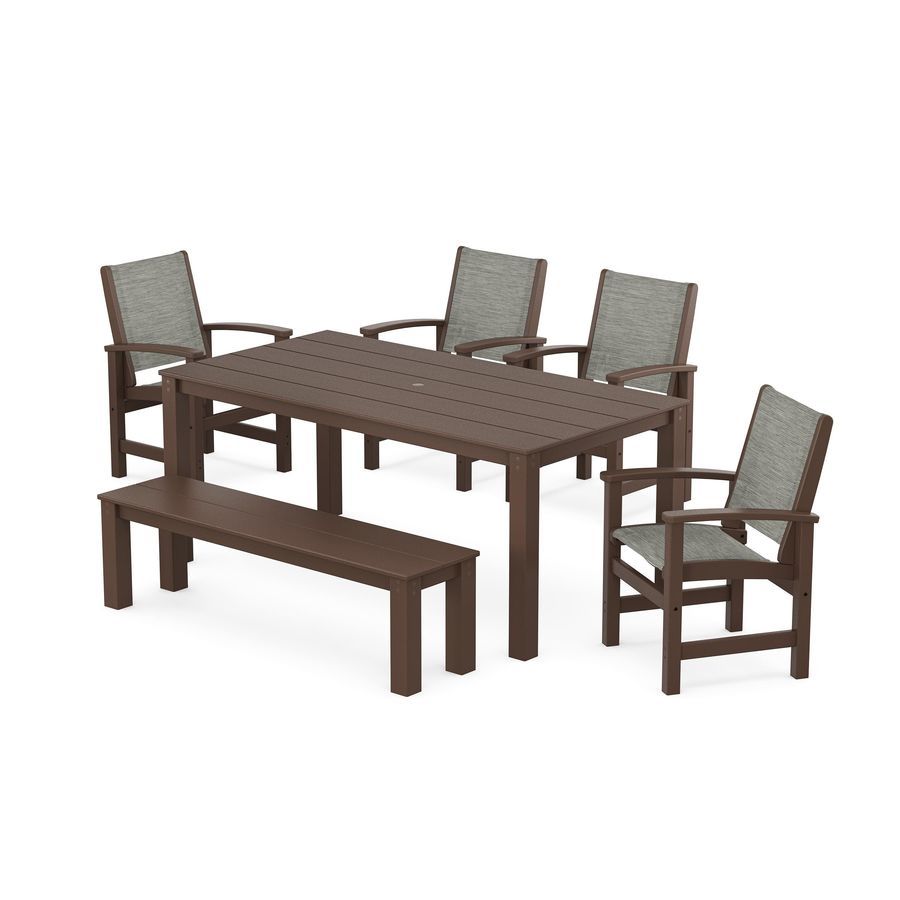 POLYWOOD Coastal 6- Piece Parsons Dining Set with Bench in Mahogany / Onyx Sling
