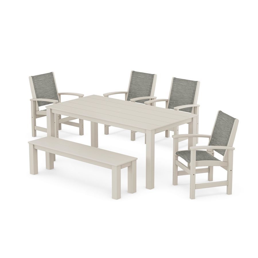 POLYWOOD Coastal 6- Piece Parsons Dining Set with Bench in Sand / Onyx Sling