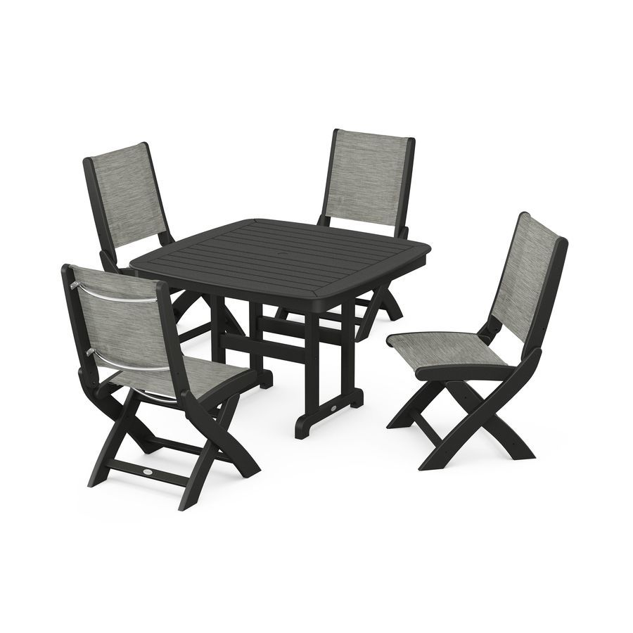 POLYWOOD Coastal Side Chair 5-Piece Dining Set with Trestle Legs in Black / Onyx Sling