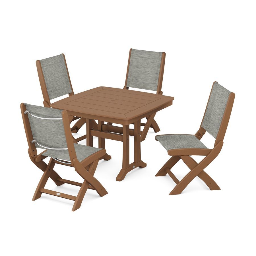 POLYWOOD Coastal Side Chair 5-Piece Dining Set with Trestle Legs in Teak / Onyx Sling