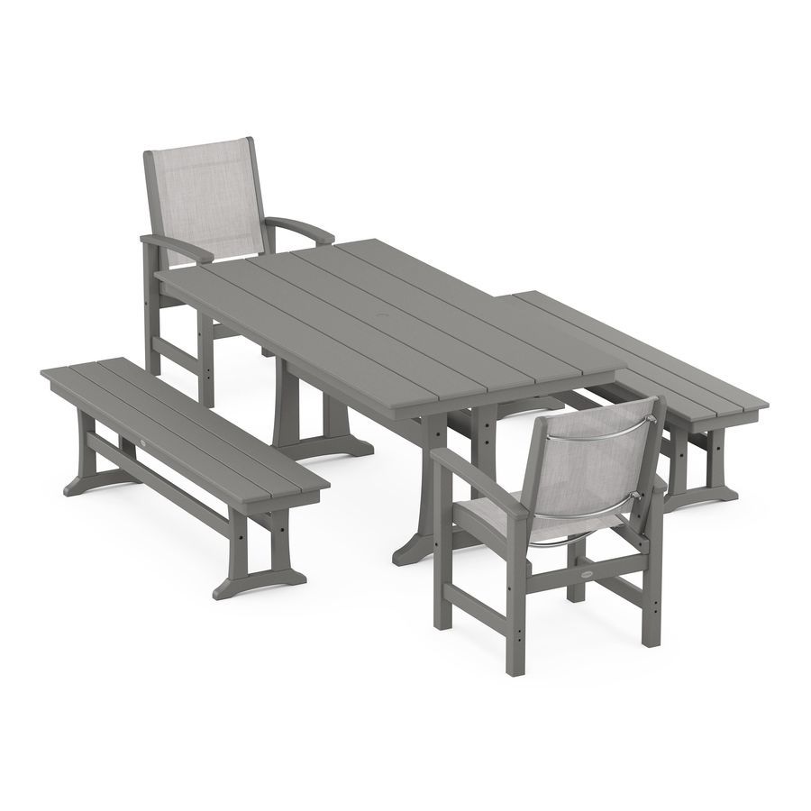 POLYWOOD Coastal 5-Piece Farmhouse Dining Set with Trestle Legs and Benches