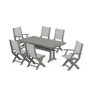 POLYWOOD Coastal Folding Chair 7-Piece Farmhouse Dining Set with Trestle Legs