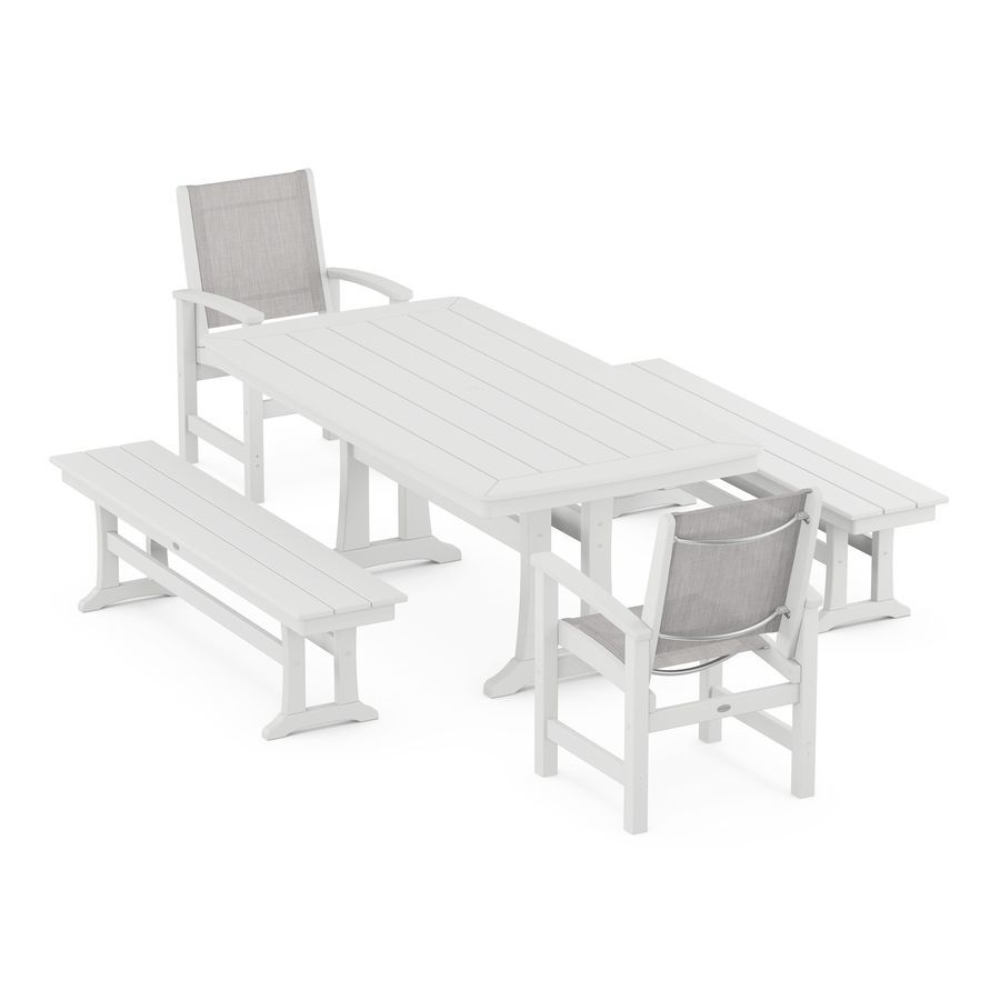 POLYWOOD Coastal 5-Piece Dining Set with Trestle Legs in White / Parchment Sling