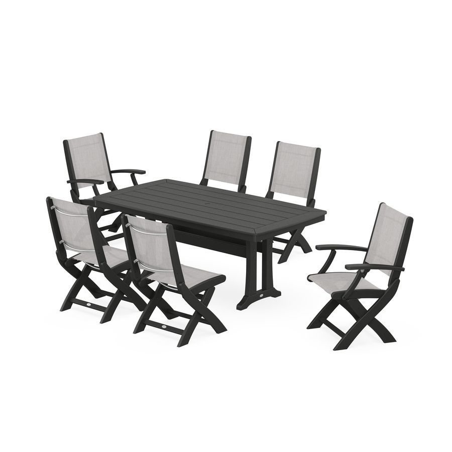 POLYWOOD Coastal 7-Piece Dining Set with Trestle Legs in Black / Parchment Sling