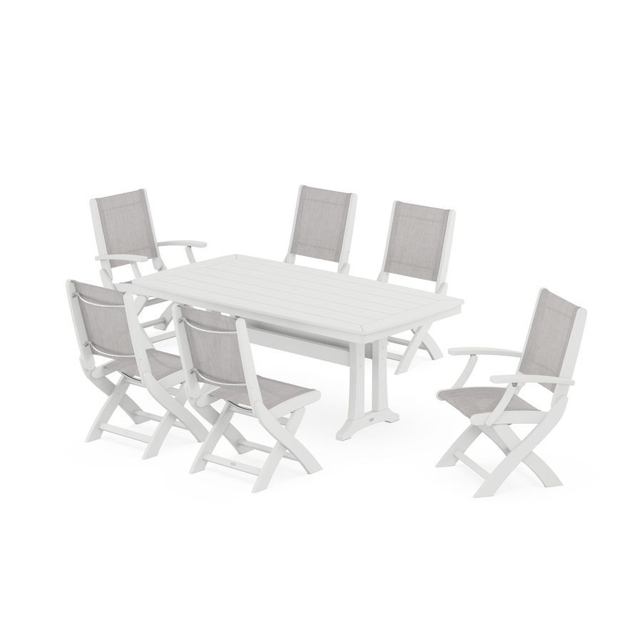 POLYWOOD Coastal 7-Piece Dining Set with Trestle Legs in White / Parchment Sling