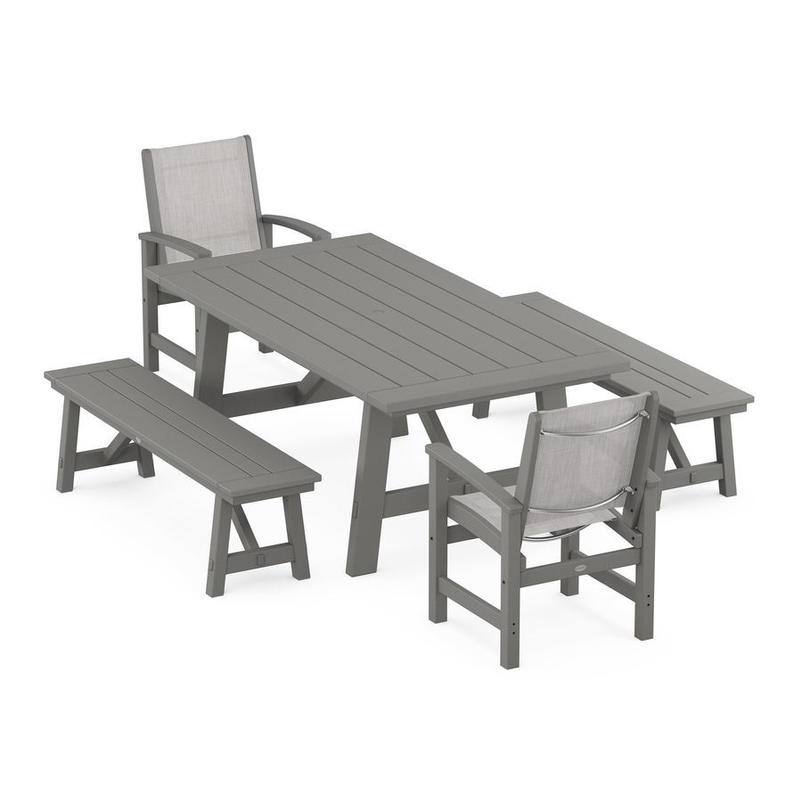 POLYWOOD Coastal 5-Piece Rustic Farmhouse Dining Set With Benches
