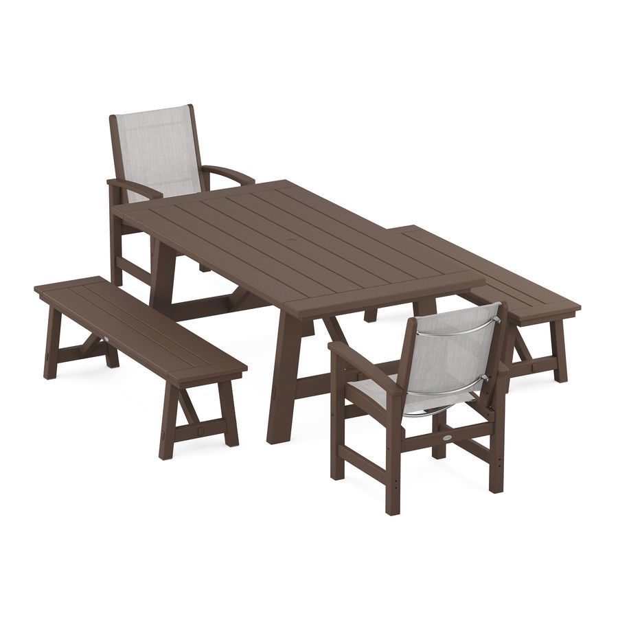 POLYWOOD Coastal 5-Piece Rustic Farmhouse Dining Set With Trestle Legs in Mahogany / Parchment Sling