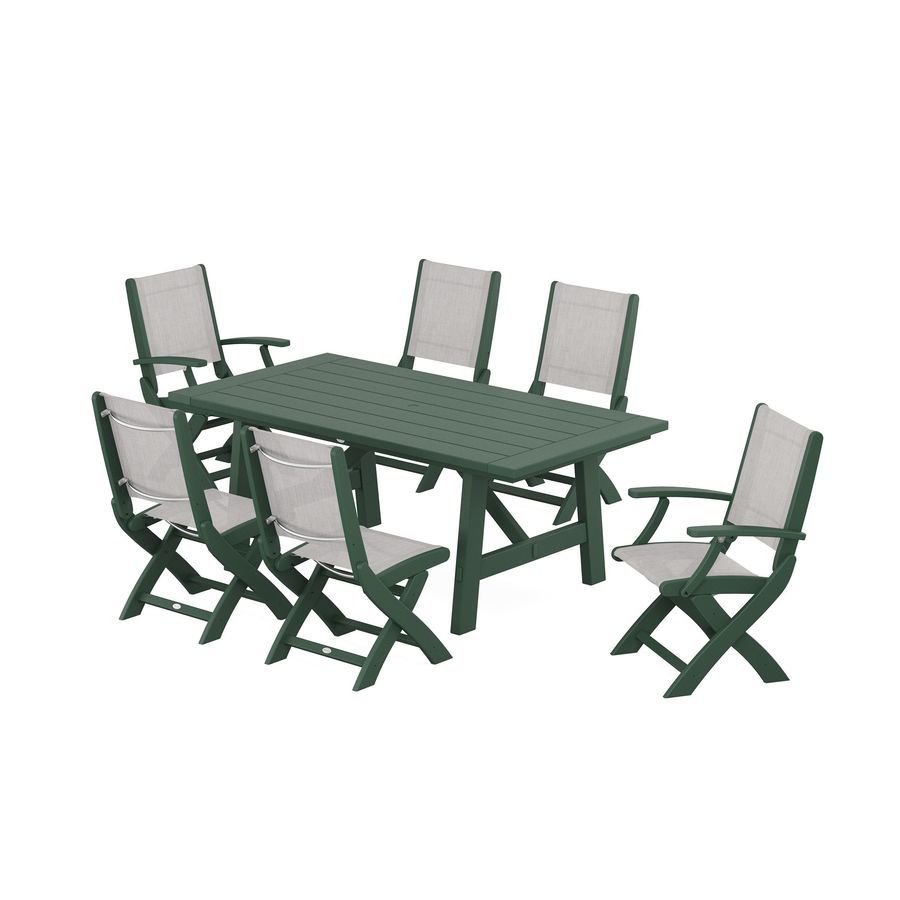 POLYWOOD Coastal 7-Piece Rustic Farmhouse Dining Set With Trestle Legs in Green / Parchment Sling