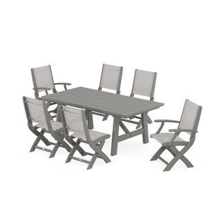 POLYWOOD Coastal Folding Chair 7-Piece Rustic Farmhouse Dining Set
