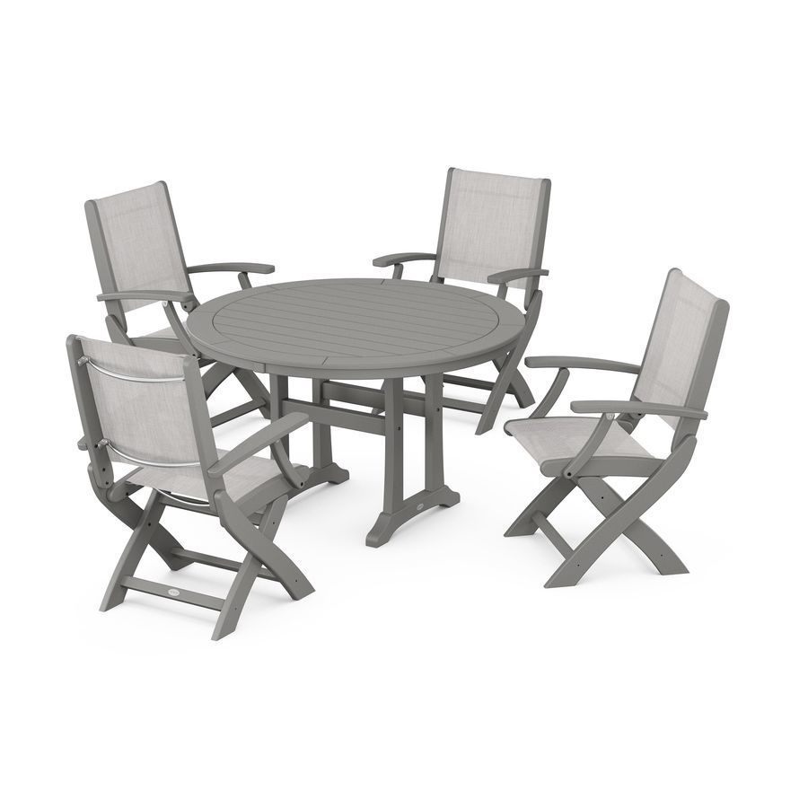 POLYWOOD Coastal Folding Chair 5-Piece Round Dining Set with Trestle Legs