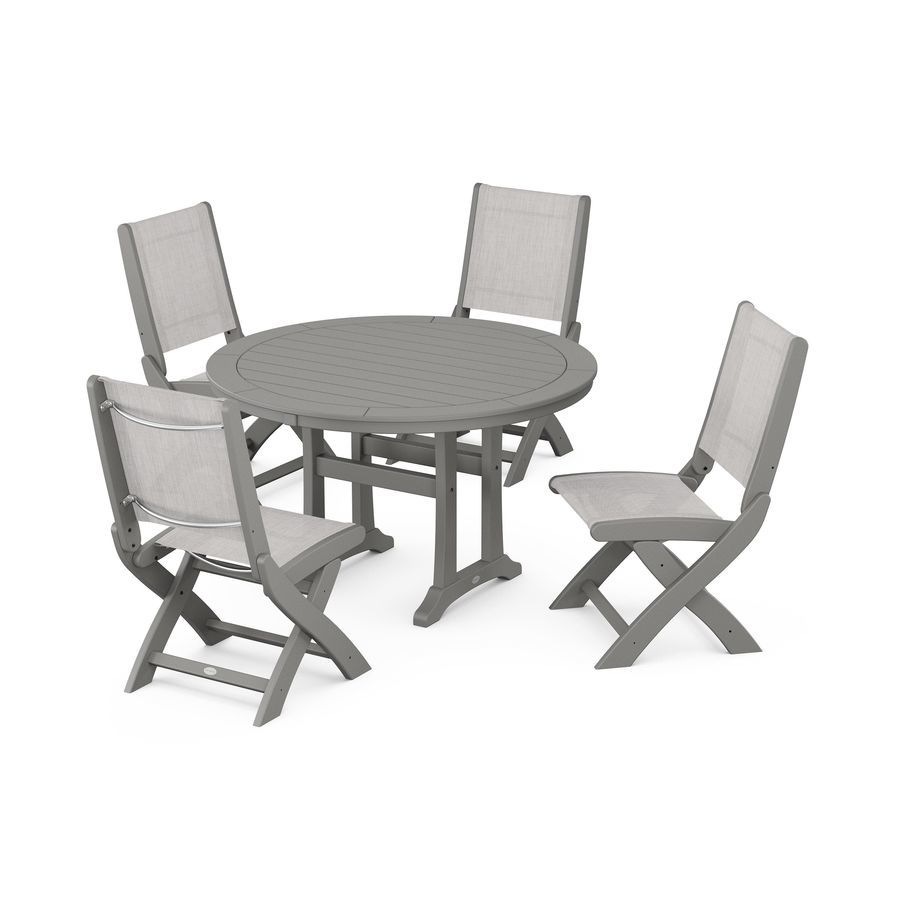 POLYWOOD Coastal Folding Side Chair 5-Piece Round Dining Set With Trestle Legs