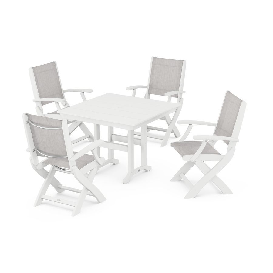 POLYWOOD Coastal Folding Chair 5-Piece Farmhouse Dining Set in White / Parchment Sling