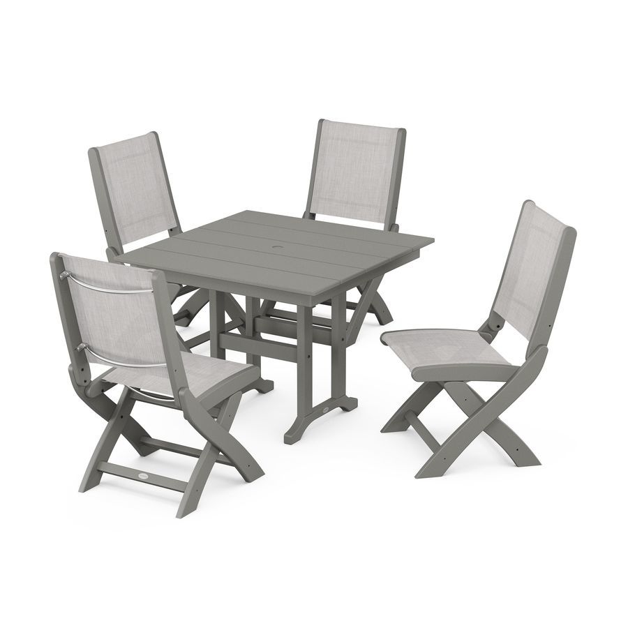 POLYWOOD Coastal Folding Side Chair 5-Piece Farmhouse Dining Set in Slate Grey / Parchment Sling