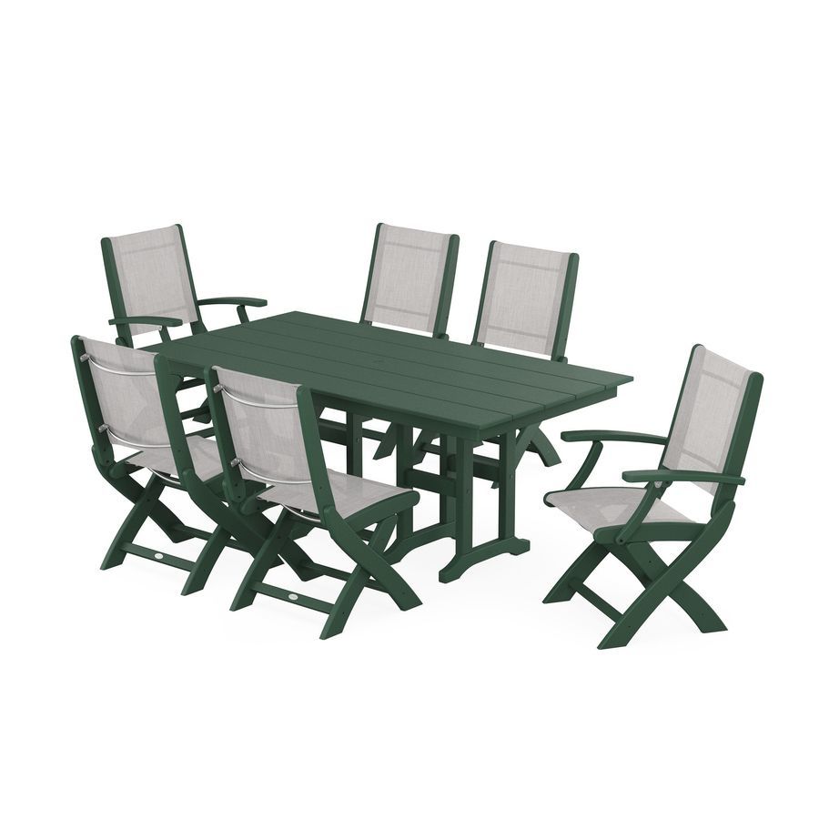 POLYWOOD Coastal Folding Chair 7-Piece Farmhouse Dining Set in Green / Parchment Sling