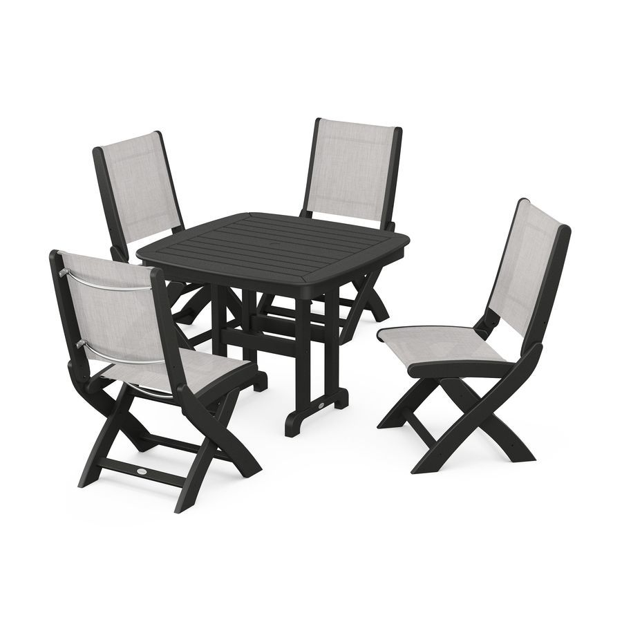 POLYWOOD Coastal Folding Side Chair 5-Piece Dining Set in Black / Parchment Sling