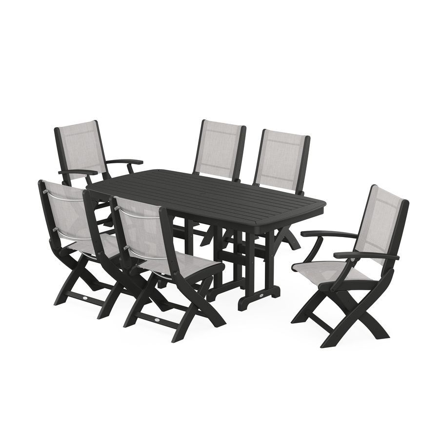 POLYWOOD Coastal Folding Chair 7-Piece Dining Set in Black / Parchment Sling