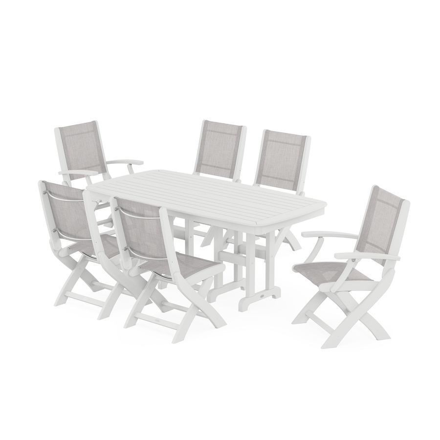 POLYWOOD Coastal Folding Chair 7-Piece Dining Set in White / Parchment Sling