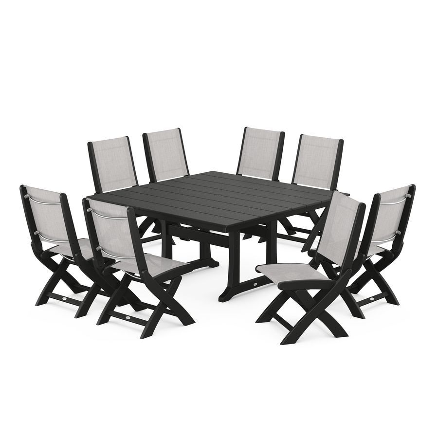 POLYWOOD Coastal Folding Side Chair 9-Piece Farmhouse Dining Set in Black / Parchment Sling