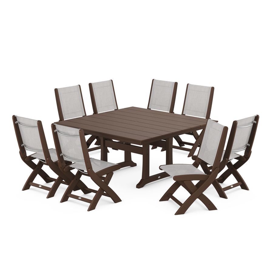 POLYWOOD Coastal Folding Side Chair 9-Piece Farmhouse Dining Set in Mahogany / Parchment Sling