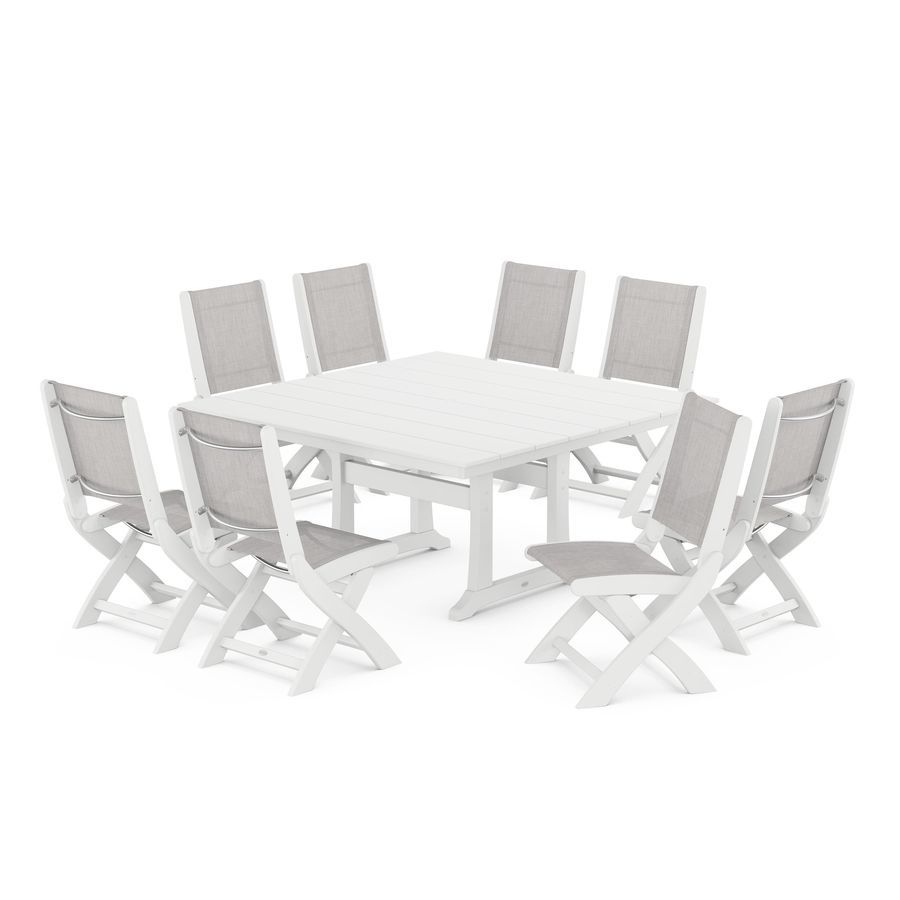 POLYWOOD Coastal Folding Side Chair 9-Piece Farmhouse Dining Set in White / Parchment Sling