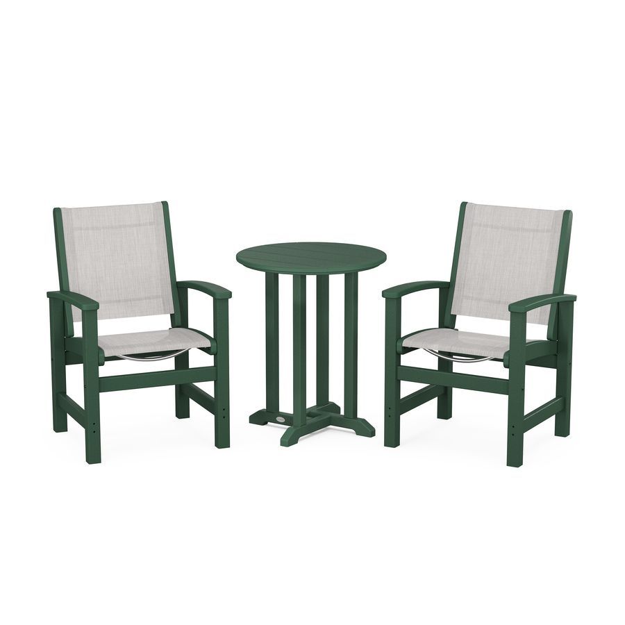 POLYWOOD Coastal 3-Piece Round Dining Set in Green / Parchment Sling