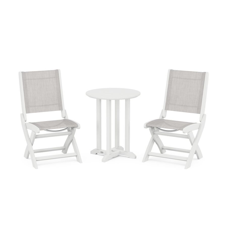 POLYWOOD Coastal Folding Side Chair 3-Piece Round Dining Set in White / Parchment Sling