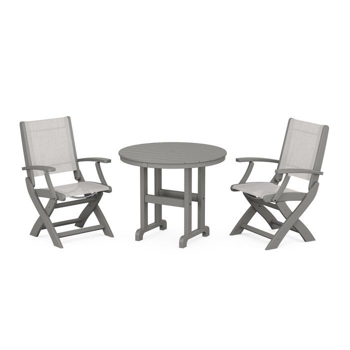 POLYWOOD Coastal Folding Chair 3-Piece Round Dining Set