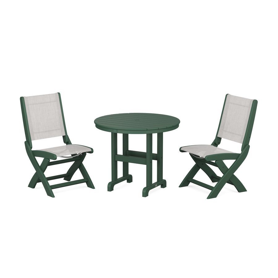 POLYWOOD Coastal Folding Side Chair 3-Piece Round Dining Set in Green / Parchment Sling