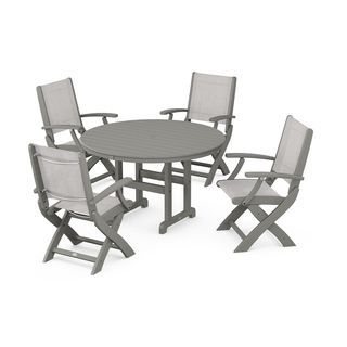 POLYWOOD Coastal Folding Chair 5-Piece Round Dining Set