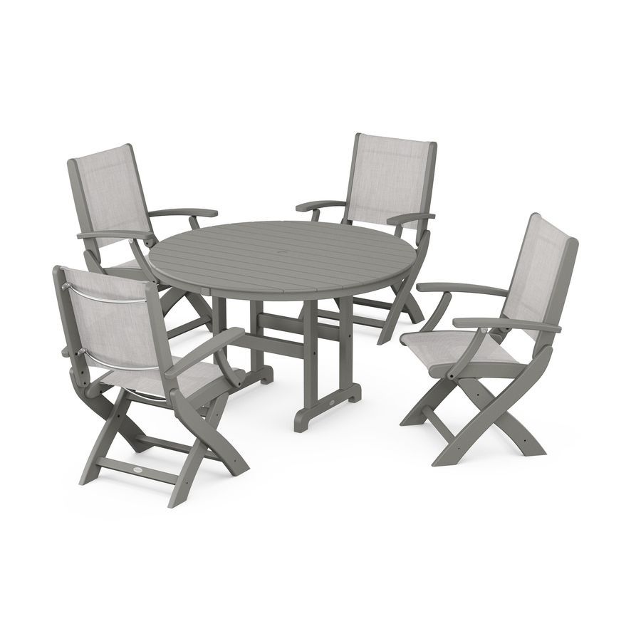 POLYWOOD Coastal Folding Chair 5-Piece Round Dining Set
