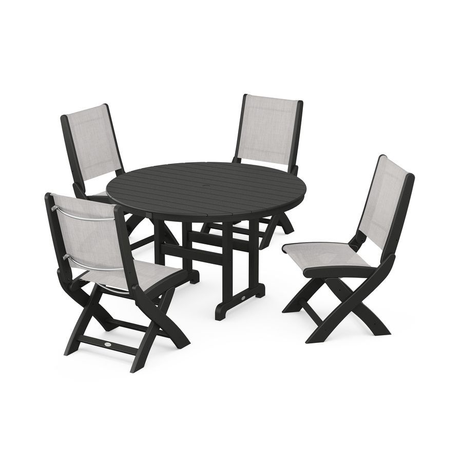 POLYWOOD Coastal Folding Side Chair 5-Piece Round Dining Set in Black / Parchment Sling